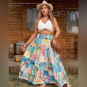 Shein Curve Patchwork Maxi Skirt Size 4X NWOT Summer Festival